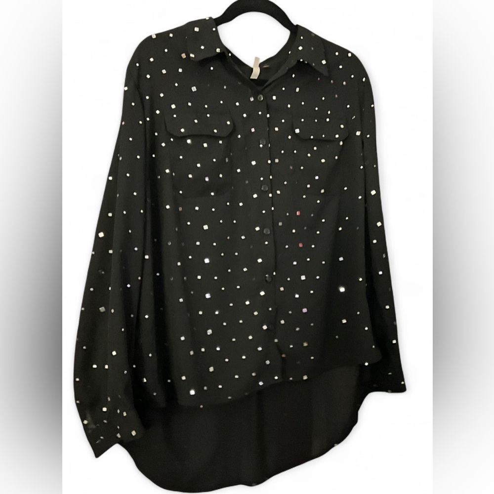 NY Collection Polka Dot Button Front Blouse Black Women's 1X